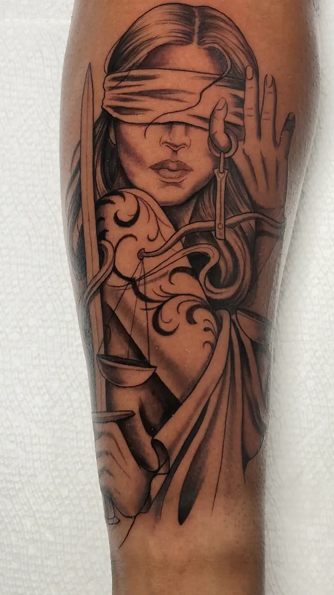 Tatuaje whipshading: dama de la justicia con venda, espada y balanza, en el antebrazo · Wilson Escobar, tatuador en Miami